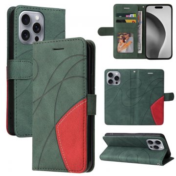 For iPhone 16 Pro Max Dual-Color Splicing Wallet Magnetic Stand Case Green