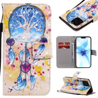 iPhone 12 Pro Blue Dream Catcher Painted Wallet Magnetic Kickstand Case