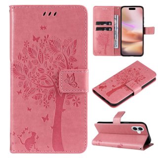 For iPhone 16 Plus Cat Tree Embossed Pattern Wallet Magnetic Case Pink