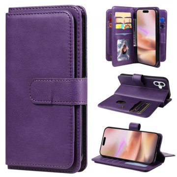 For iPhone 16 Plus Wallet 10 Card Slots Kickstand Leather Case Purple