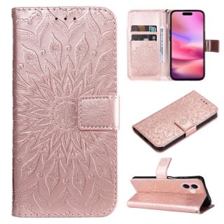 For iPhone 16 Embossed Sunflower Pattern Wallet Magnetic Case Rose Gold