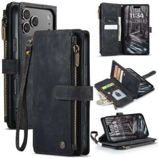 CaseMe iPhone 17 Pro Wallet Kickstand Case with Wrist Strap Black