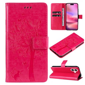 For iPhone 16 Cat Tree Embossed Pattern Wallet Magnetic Case Rose