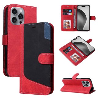 For iPhone 16 Pro Max Three-Color Splicing Wallet Kickstand Magnetic Case Red