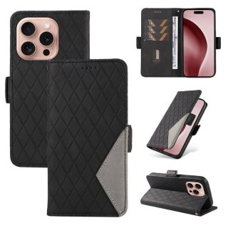 For iPhone 16 Pro Color Splicing Wallet Magnetic Kickstand Case Black