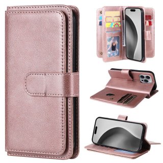 For iPhone 16 Pro Max Wallet 10 Card Slots Kickstand Leather Case Rose Gold