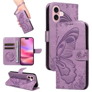 For iPhone 16 Butterfly Embossed Wallet Kickstand Case Purple