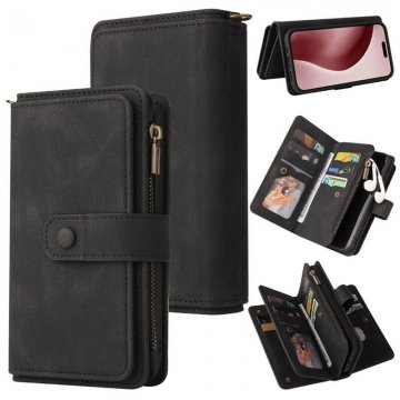 For iPhone 16 Pro Wallet 15 Card Slots Leather Case with Wrist Strap Black