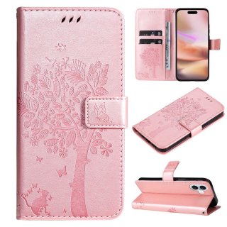 For iPhone 16 Plus Cat Tree Embossed Pattern Wallet Magnetic Case Rose Gold