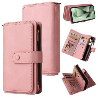 For Samsung Galaxy S24 FE Wallet 15 Card Slots Leather Case with Wrist Strap Pink