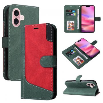 For iPhone 16 Three-Color Splicing Wallet Kickstand Magnetic Case Green