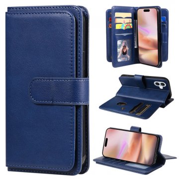 For iPhone 16 Plus Wallet 10 Card Slots Kickstand Leather Case Blue