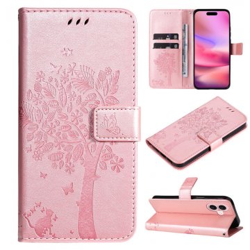 For iPhone 16 Cat Tree Embossed Pattern Wallet Magnetic Case Rose Gold