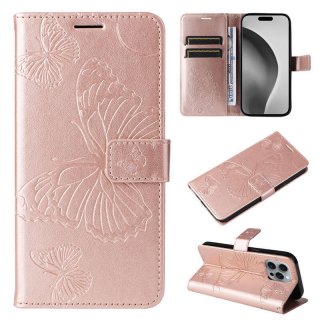 For iPhone 16 Pro Max Butterfly Embossed Wallet Magnetic Case Rose Gold