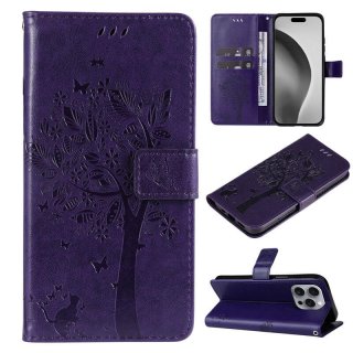 For iPhone 16 Pro Max Cat Tree Embossed Pattern Wallet Case Purple