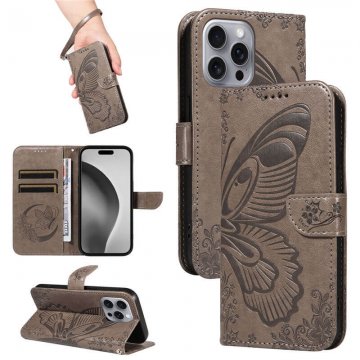 For iPhone 16 Pro Max Butterfly Embossed Wallet Kickstand Case Gray