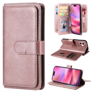 For iPhone 16 Wallet 10 Card Slots Kickstand Leather Case Rose Gold