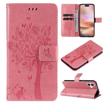 For iPhone 16 Plus Cat Tree Embossed Pattern Wallet Magnetic Case Pink