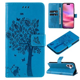 For iPhone 16 Cat Tree Embossed Pattern Wallet Magnetic Case Blue