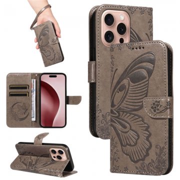 For iPhone 16 Pro Butterfly Embossed Wallet Kickstand Case Gray