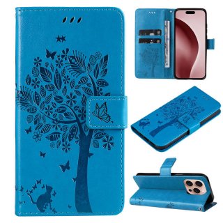 For iPhone 16 Pro Cat Tree Embossed Pattern Wallet Magnetic Case Blue