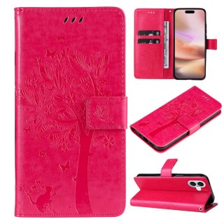 For iPhone 16 Plus Cat Tree Embossed Pattern Wallet Magnetic Case Rose