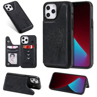 iPhone 12 Pro Max Luxury Tree and Cat Magnetic Card Slots Stand Cover Black