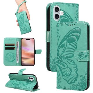 For iPhone 16 Plus Butterfly Embossed Wallet Kickstand Case Green