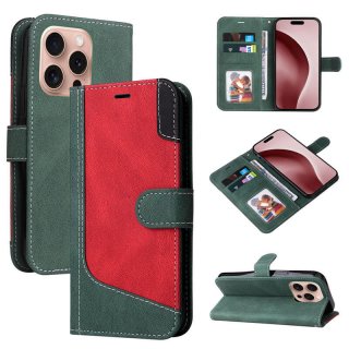 For iPhone 16 Pro Three-Color Splicing Wallet Kickstand Magnetic Case Green