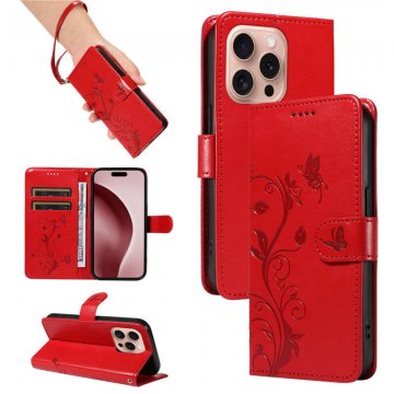 For iPhone 16 Pro Embossed Apricot Blossom Pattern Wallet Case Red