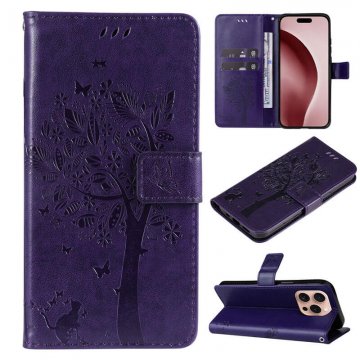 For iPhone 16 Pro Cat Tree Embossed Pattern Wallet Magnetic Case Purple