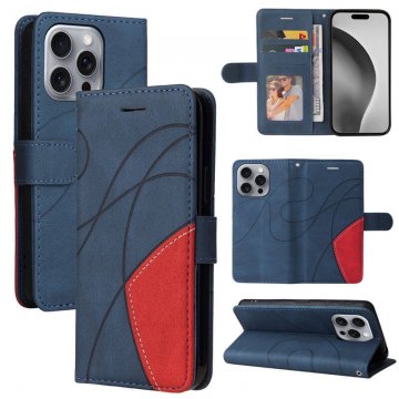 For iPhone 16 Pro Max Dual-Color Splicing Wallet Magnetic Stand Case Blue