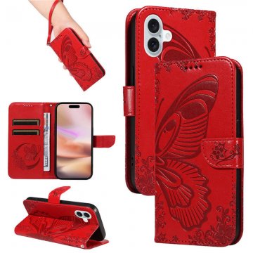 For iPhone 16 Plus Butterfly Embossed Wallet Kickstand Case Red