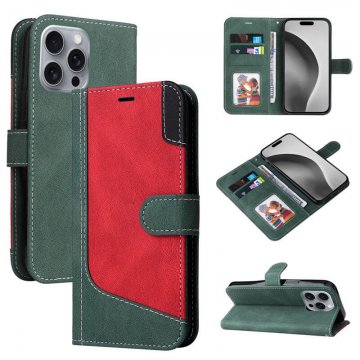 For iPhone 16 Pro Max Three-Color Splicing Wallet Kickstand Magnetic Case Green