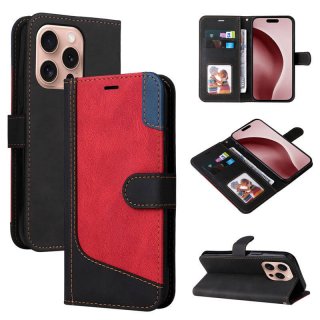 For iPhone 16 Pro Three-Color Splicing Wallet Kickstand Magnetic Case Black