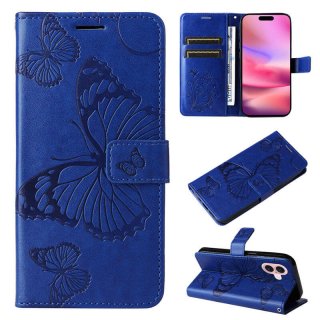 For iPhone 16 Butterfly Embossed Wallet Magnetic Case Blue