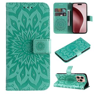 For iPhone 16 Pro Embossed Sunflower Pattern Wallet Magnetic Case Green