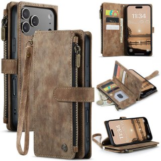 CaseMe iPhone 17 Pro Max Wallet Kickstand Case with Wrist Strap Coffee