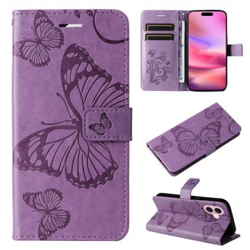 For iPhone 16 Butterfly Embossed Wallet Magnetic Case Purple