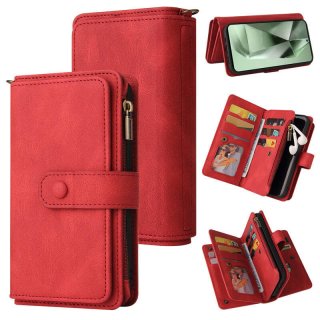 For Samsung Galaxy S24 FE Wallet 15 Card Slots Leather Case with Wrist Strap Red