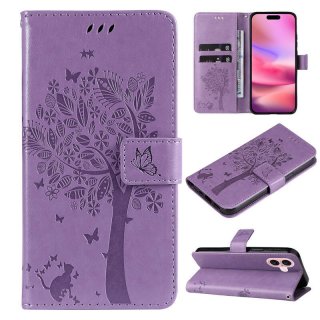 For iPhone 16 Cat Tree Embossed Pattern Wallet Magnetic Case Lavender