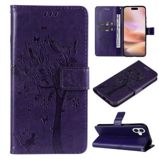 For iPhone 16 Plus Cat Tree Embossed Pattern Wallet Magnetic Case Purple