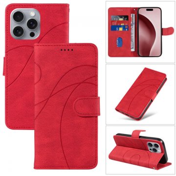 For iPhone 16 Pro Max Imprinted Line Wallet Magnetic Kickstand Case Red