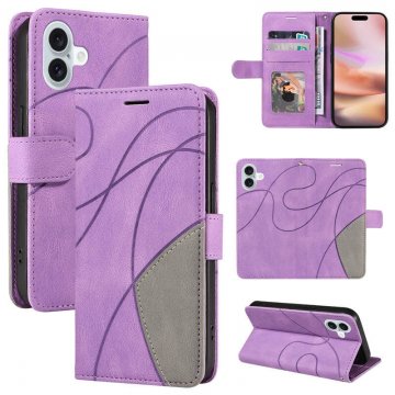 For iPhone 16 Plus Dual-Color Splicing Wallet Magnetic Stand Case Purple