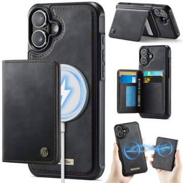 CaseMe iPhone 16 2-in-1 Detachable Magnetic Wallet Case with RFID Blocking, Card Holder & MagSafe Compatible - Black