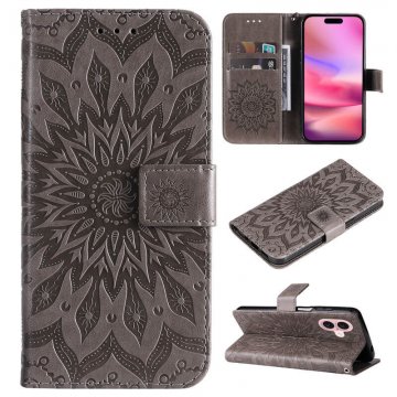 For iPhone 16 Embossed Sunflower Pattern Wallet Magnetic Case Gray