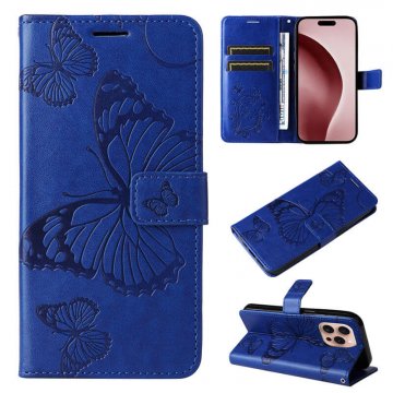 For iPhone 16 Pro Butterfly Embossed Wallet Magnetic Case Blue