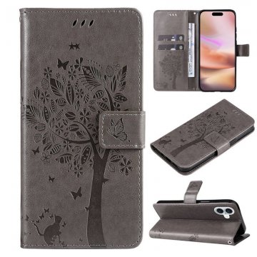 For iPhone 16 Plus Cat Tree Embossed Pattern Wallet Magnetic Case Gray