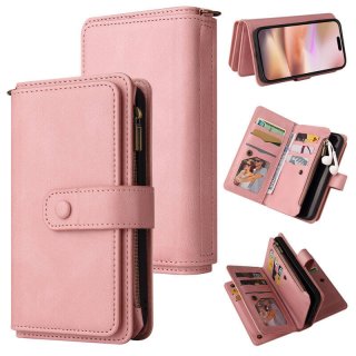 For iPhone 16 Plus Wallet 15 Card Slots Leather Case with Wrist Strap Pink