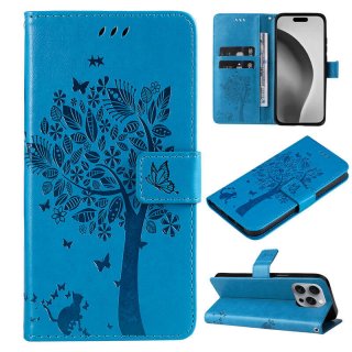 For iPhone 16 Pro Max Cat Tree Embossed Pattern Wallet Case Blue